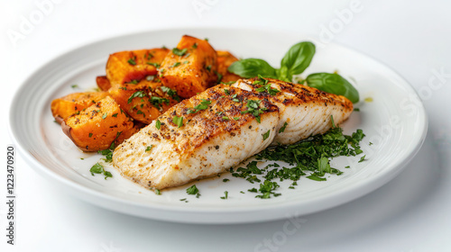 Delicious baked sweet potato and fish fillet served on a white plate against a minimalist white background for a fresh culinary experience