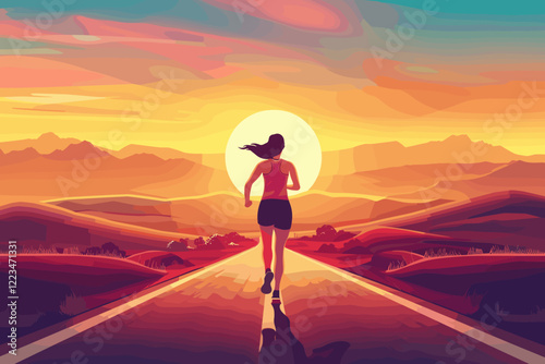 Woman in sportswear running towards her goals on a scenic road at sunset, embodying a healthy and active lifestyle