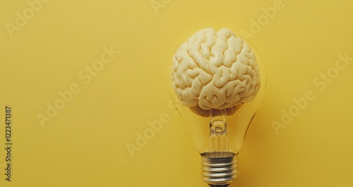 Light bulb with a brain inside on a yellow background, a concept of an idea and innovation