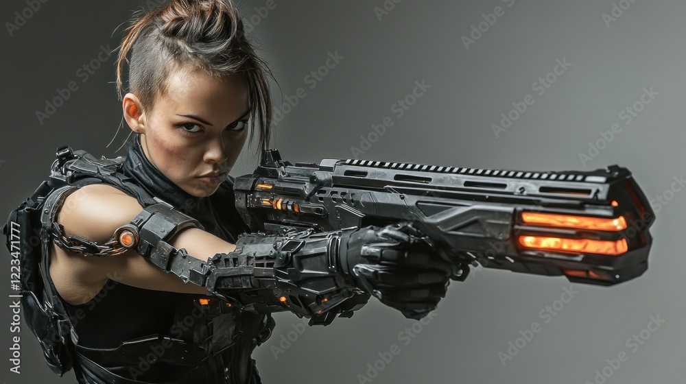Naklejka premium Cyberpunk Female Soldier with Futuristic Weapon