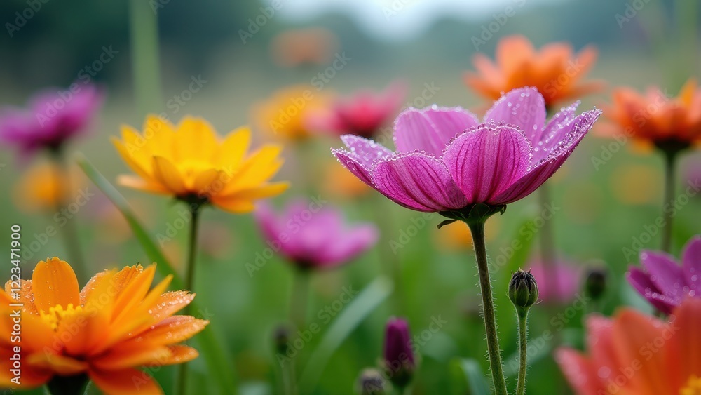 Macro photography of colorful tulips with dewdrops in a sunlit field Macro photography of colorful tulips with dewdrops in a sunlit field