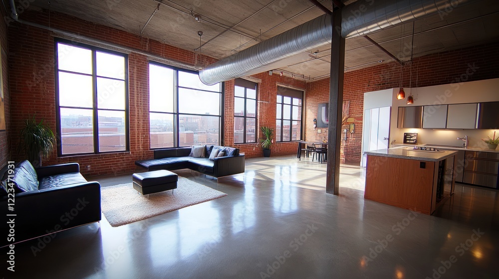 Modern Loft Apartment Featuring Exposed Brick Walls and Large Windows Modern Loft Apartment Featuring Exposed Brick Walls and Large Windows