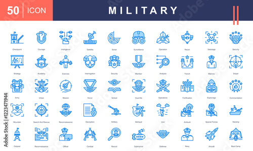 Icon set representing Military Operations, including surveillance, strategy, reconnaissance, special forces, defense, combat, training, and equipment. Perfect for defense and tactical projects.
