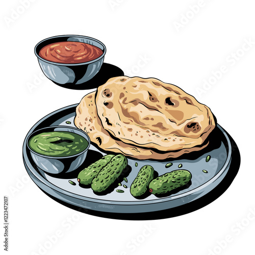 Traditional Indian Meal with Tandoori Roti and Chutneys Illustration