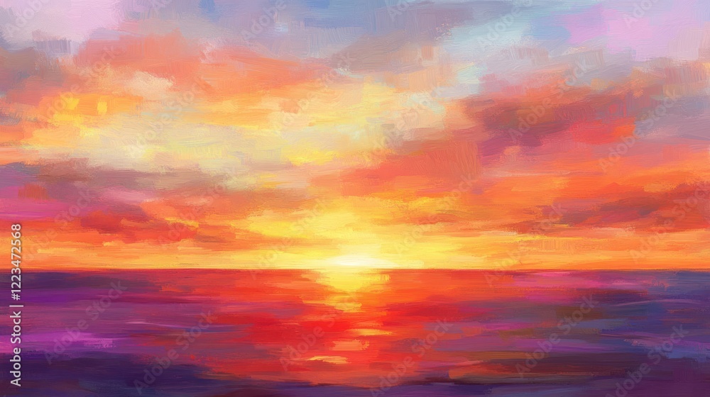 Fototapeta premium Vibrant Sunset Over Calm Ocean Waterscape Painting
