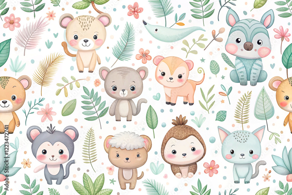 Obraz premium Cute cartoon animals and plants seamless pattern.