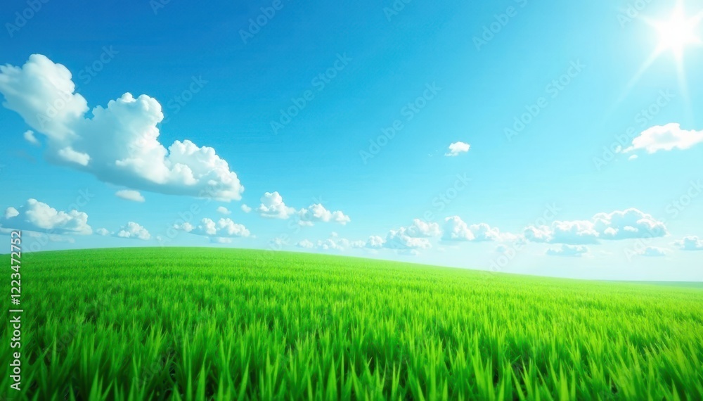 Dense emerald lawn set against a boundless cerulean sky , clean, day, space Dense emerald lawn set against a boundless cerulean sky , clean, day, space