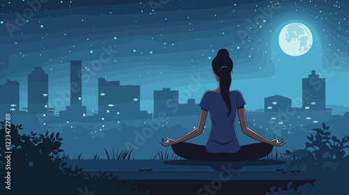 Woman meditating at night with rays of light illuminating the cityscape