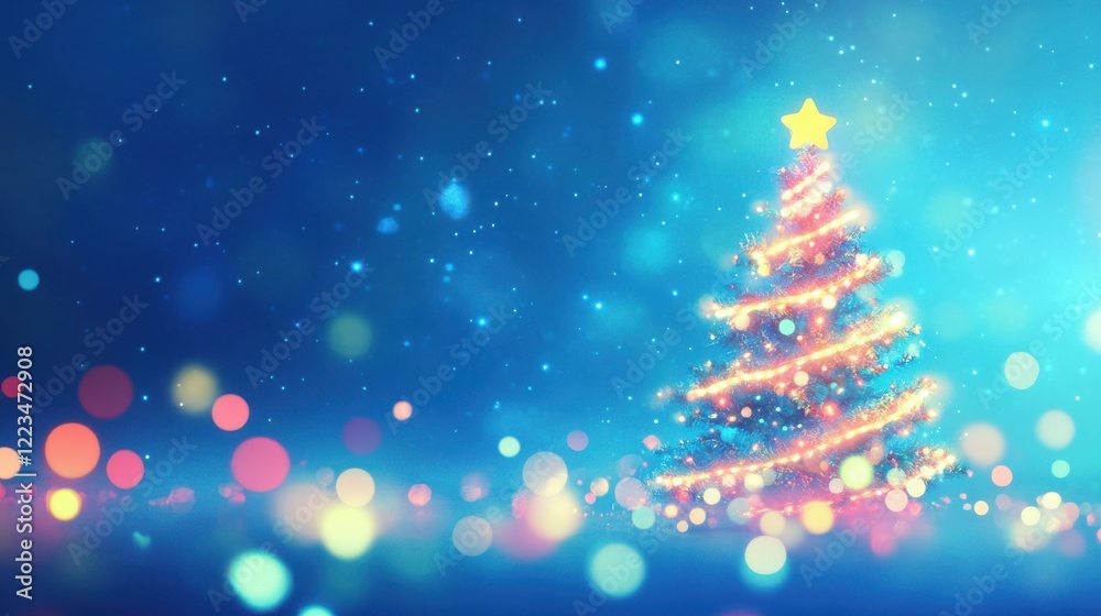 Festive christmas tree with star and colorful lights in a whimsical winter wonderland Festive christmas tree with star and colorful lights in a whimsical winter wonderland