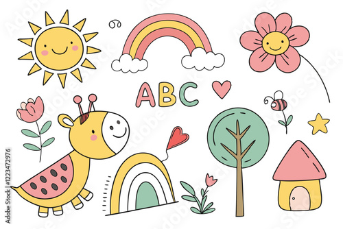 Colorful children's drawings, whimsical doodles, cute animals, giraffe, hippopotamus, bee, fish, cheerful icons, flowers, sun, rainbow, ABC letters, simple math equation, watermelon slice, tree, house
