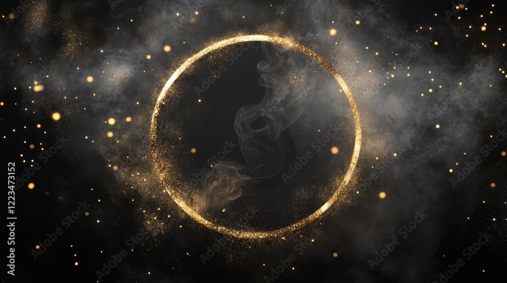 Naklejka premium Golden Glittering Circle: Mystic Smoke and Stardust