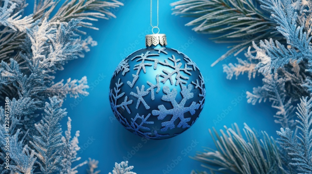 Blue snowflake ornament hanging amidst frosted pine branches on bright background Blue snowflake ornament hanging amidst frosted pine branches on bright background