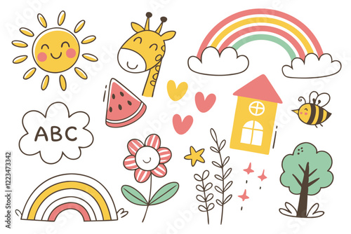 Colorful children's drawings, whimsical doodles, cute animals, giraffe, hippopotamus, bee, fish, cheerful icons, flowers, sun, rainbow, ABC letters, simple math equation, watermelon slice, tree, house