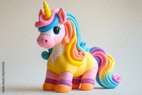Vibrant clay unicorn sculpture with a rainbow mane and cheerful expression