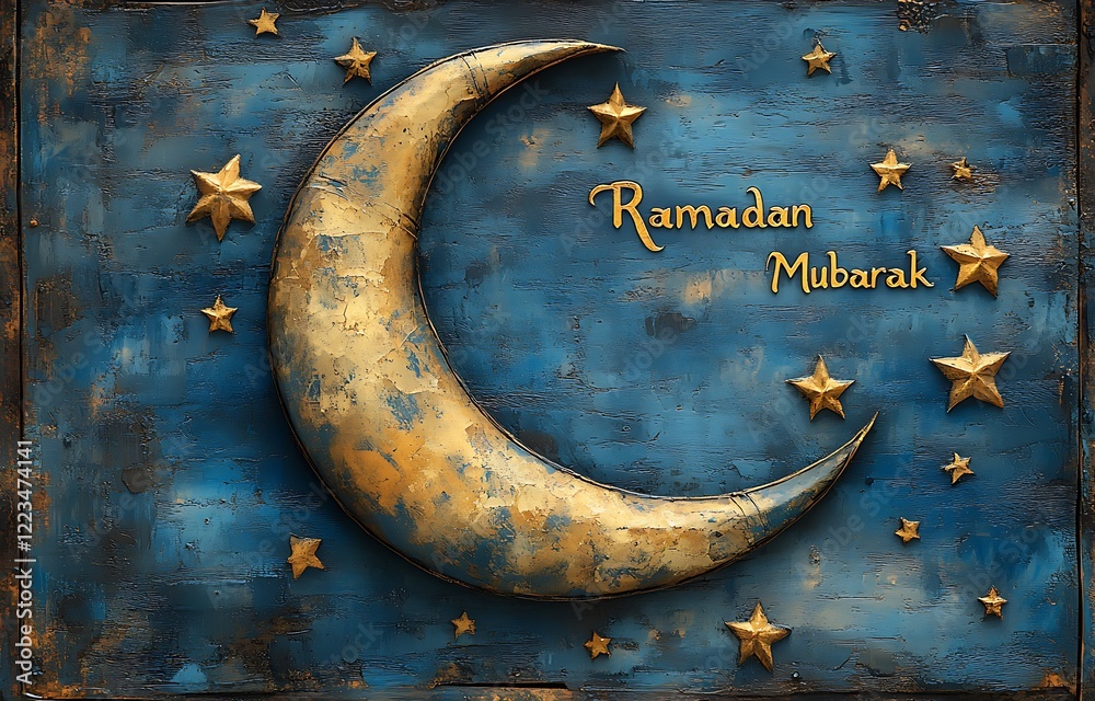 Crescent Moon and Stars on a Blue Background with Crescent Moon and Stars on a Blue Background with