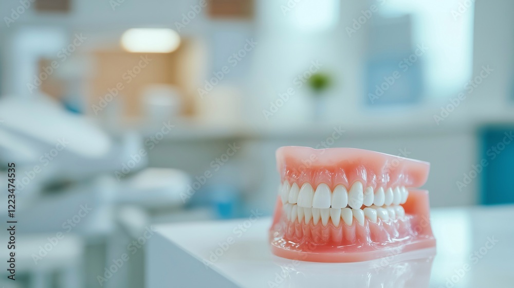 A detailed dental model of teeth displayed on a table in a bright dental clinic. The focus is on education, dental health, and professional care for oral hygiene. Background with copy space A detailed dental model of teeth displayed on a table in a bright dental clinic. The focus is on education, dental health, and professional care for oral hygiene. Background with copy space