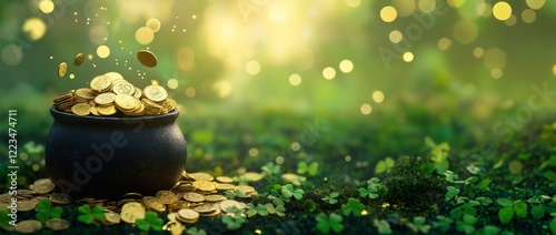 Golden coins spilling out of a small cauldron, by scattered clovers on a soft green backdrop. The composition creates a festive St. Patrick's Day background with ample copy space for text or designs