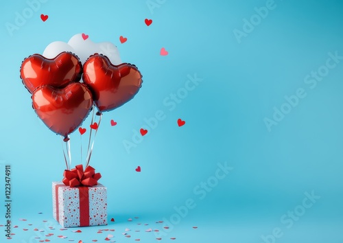 Valentine's Day background with heart-shaped balloons, gift box, and confetti on a blue backdrop. Valentine's celebration concept