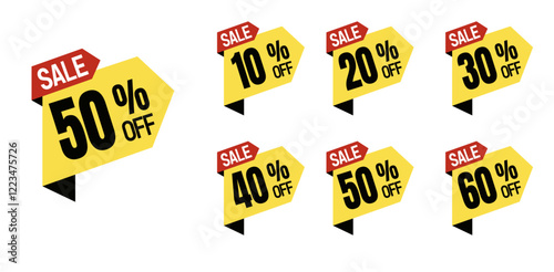 Yellow Different percent discount sticker discount price tag set. Red round shape promote buy now with sell off up to 10, 20, 30, 40, 50,  percent vector illustration isolated on white.