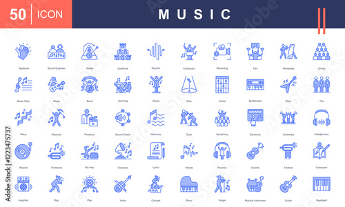 Icon set celebrating Music, featuring instruments, genres, performers, recording, concerts, sound engineering, and harmony. Perfect for creative, educational, and entertainment projects.