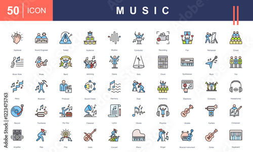 Icon set celebrating Music, featuring instruments, genres, performers, recording, concerts, sound engineering, and harmony. Perfect for creative, educational, and entertainment projects.