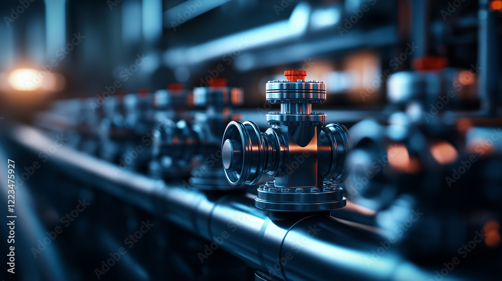 Fototapeta premium A professional schematic of a pipe manifold system with multiple ball valves, rendered with a focus on symmetry and technical accuracy.