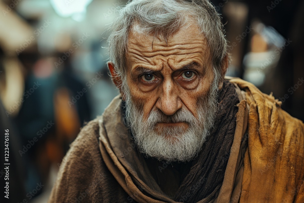 Elderly man displaying wisdom and intensity in a historical setting Elderly man displaying wisdom and intensity in a historical setting