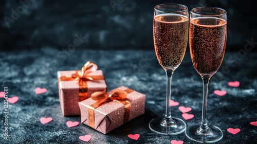 Two glasses of champagne with pink glitter and gift boxes on a dark background, heart-shaped confetti for a Valentine's Day celebration
