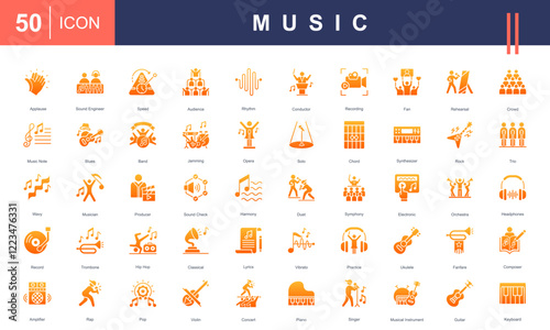 Icon set celebrating Music, featuring instruments, genres, performers, recording, concerts, sound engineering, and harmony. Perfect for creative, educational, and entertainment projects.