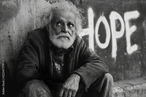 Elderly homeless man experiencing hardship and despair sits near wall with hope graffiti, highlighting social issues and economic inequality