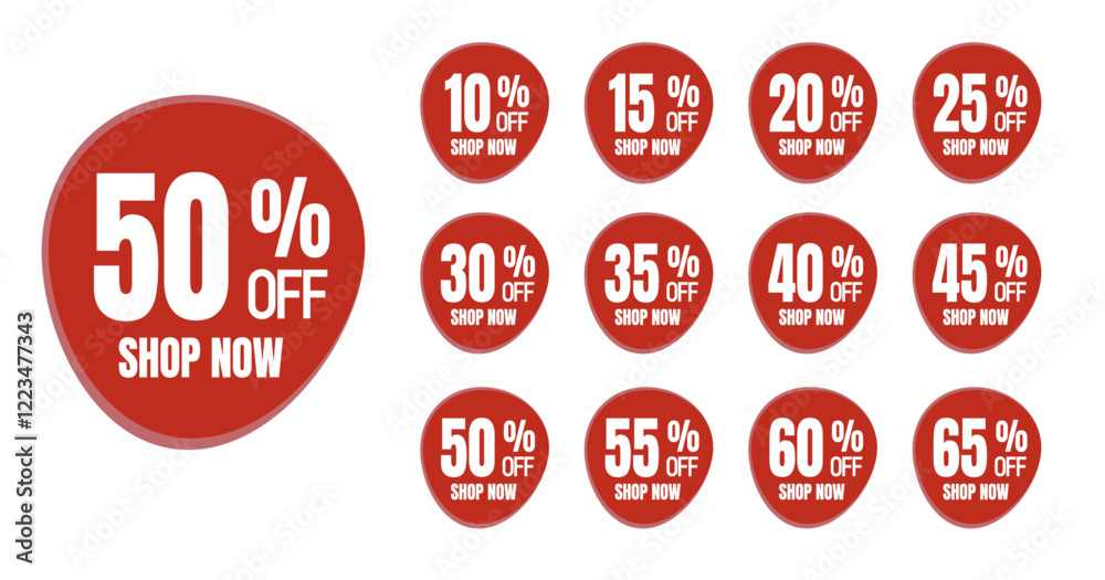 Trendy big sale red label different clearance value set. 10, 15, 20, 30, 35, 40, 45, 50, 55,60 percent price cut out badge vector illustration isolated on white background, Discount price tags.