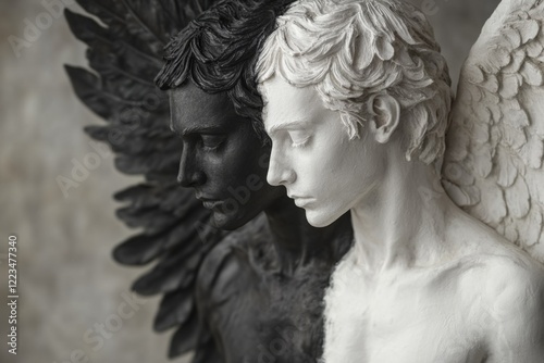 Two angel statues, one black and one white, symbolize the duality of good and evil
