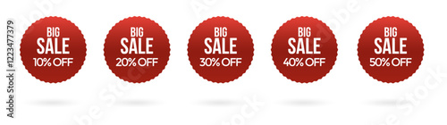 Set Label badge, Red sale 10% 20% 30% 40% 50% 0ff, Marketing deal sale tag giving super offer on half price, Sale discount label	 photo