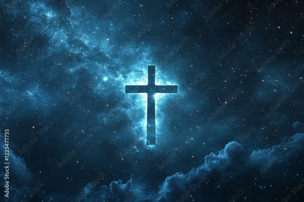Fototapeta premium Radiant cross shines brightly against a backdrop of cosmic clouds