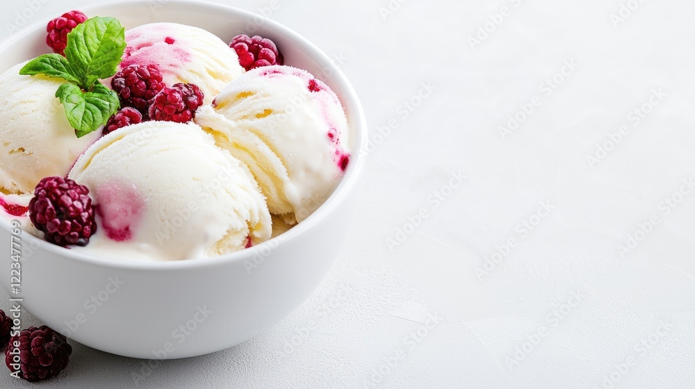 Creamy vanilla ice cream with raspberries, mint. Food photography for recipe blogs Creamy vanilla ice cream with raspberries, mint. Food photography for recipe blogs