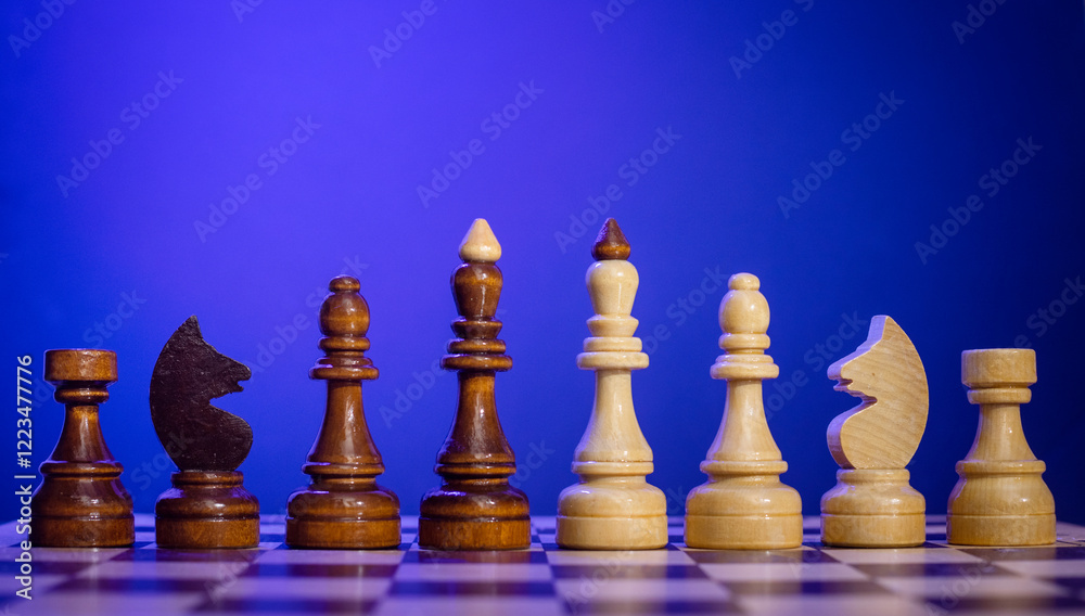chess pieces on a chessboard on a blue background. chess pieces on a chessboard on a blue background.