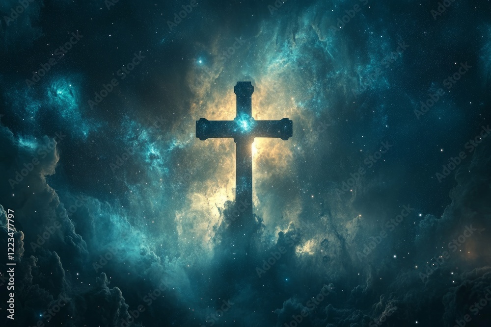 Naklejka premium Glowing cross emerges from a vibrant cosmic nebula