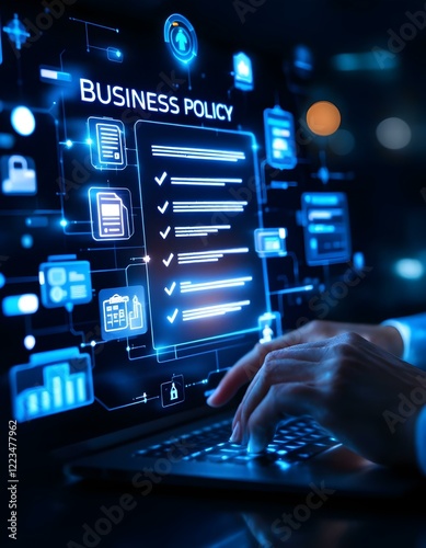 Policy documentation and compliance concept. A person reviews digital document labeled 