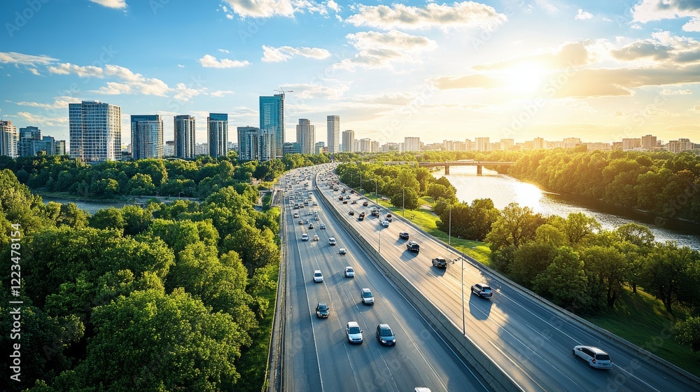 Obraz premium Urban traffic on modern city background. Vector cartoon illustration of cars moving speed highway along river. Cityscape with skyscrapers and green trees on summer day. Driving school banner design
