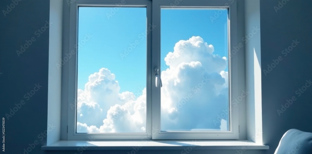 serene blue sky with fluffy white clouds behind closed windowpane, cloudy, reflection, serene serene blue sky with fluffy white clouds behind closed windowpane, cloudy, reflection, serene