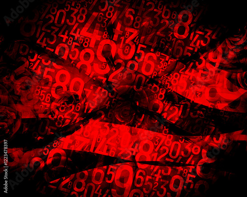 large and small numbers overlapped and red rose flowers on gradient red and black background, maths, decor, fashion, business, love, valentine, copy space
