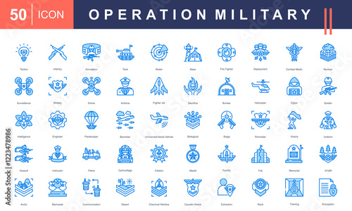 Icon set Military Operations, featuring tactics, combat units, vehicles, surveillance, training, intelligence, and advanced warfare. Ideal for defense and strategy-related projects.