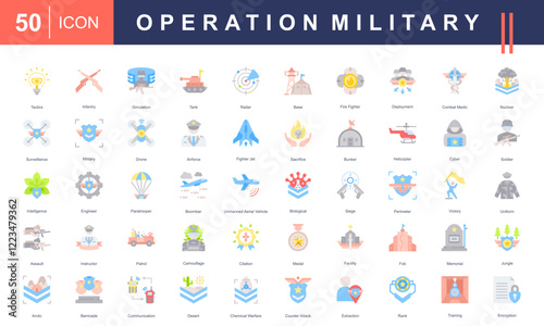 Icon set Military Operations, featuring tactics, combat units, vehicles, surveillance, training, intelligence, and advanced warfare. Ideal for defense and strategy-related projects.