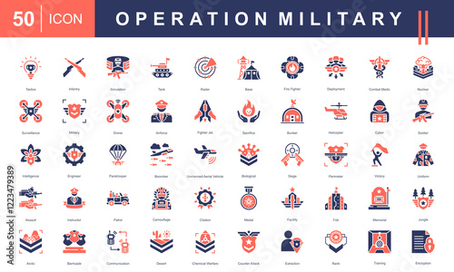 Icon set Military Operations, featuring tactics, combat units, vehicles, surveillance, training, intelligence, and advanced warfare. Ideal for defense and strategy-related projects.