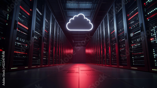 A cloud-shaped digital interface displayed above rows of server racks in a high-tech server room, symbolizing the shift from on-premises to cloud-based systems. photo