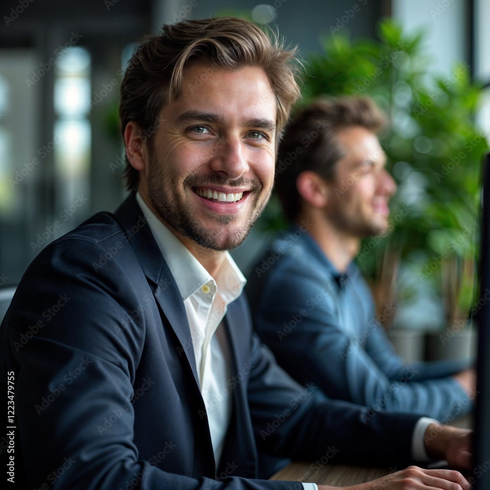 A young executive poses confidently in a busy office. His presence exudes professionalism and ambition. The background showcases a dynamic and collaborative workplace. A young executive poses confidently in a busy office. His presence exudes professionalism and ambition. The background showcases a dynamic and collaborative workplace.