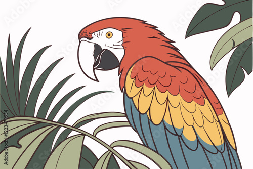 Colorful macaw parrot, vibrant feathers, watercolor painting, rainbow plumage, detailed illustration, side profile, tropical bird, artistic rendering, vivid colors, soft gradients, realistic texture, 