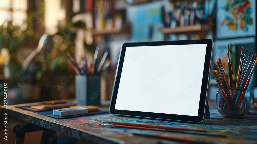Artist's studio tablet mockup, workspace Artist's studio tablet mockup, workspace
