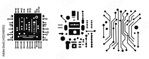 Set of icons for a circuit board, in black and white vector on a white background