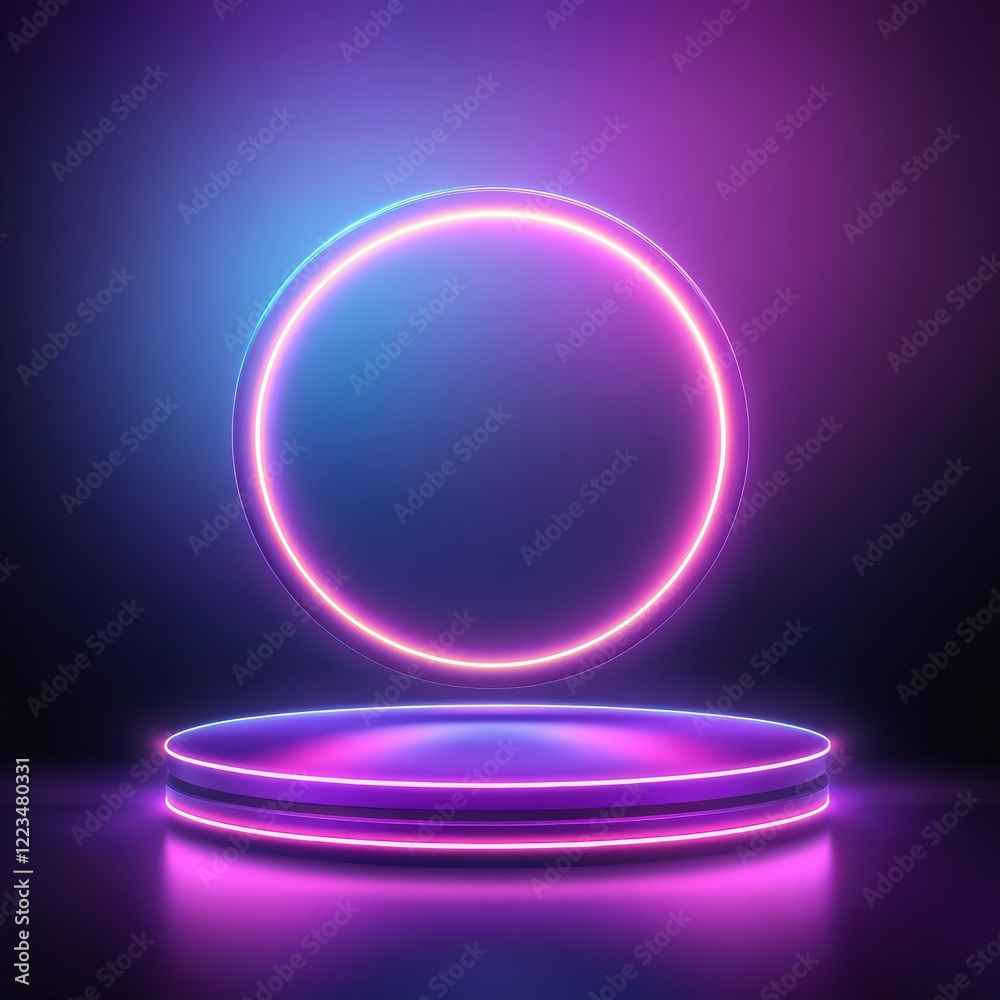 Obraz premium Neon Circle and Glowing Platform: Abstract Background for Product Display.